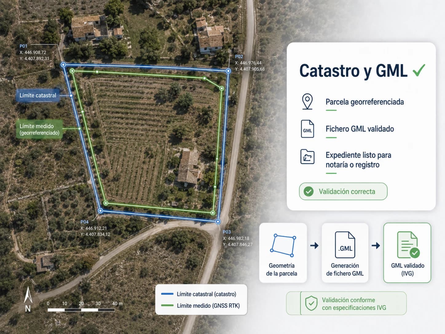 Comparación entre límite catastral y medición georreferenciada para fichero GML