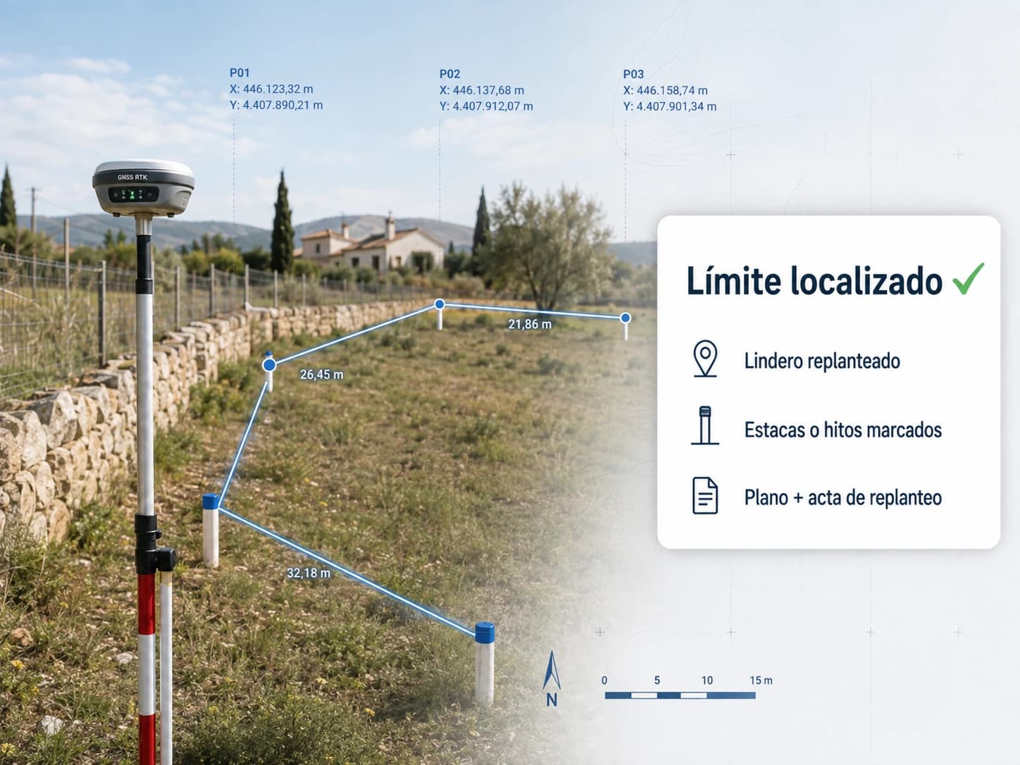 Delimitación de un lindero mediante GNSS y estacas de replanteo