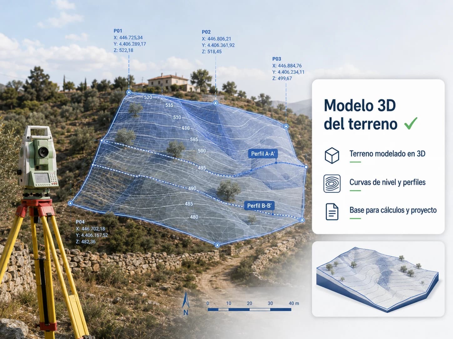 Modelo digital tridimensional de un terreno medido mediante topografía